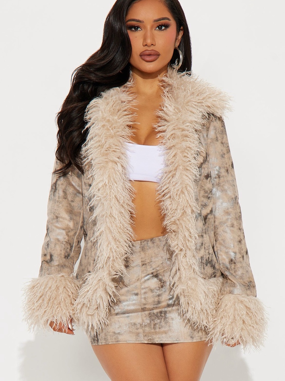 Fashion Nova Beige Faux-Fur Trim Teddy Jacket